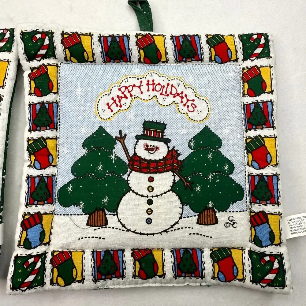 Two Vintage Snowman Happy Holidays Pot Holders